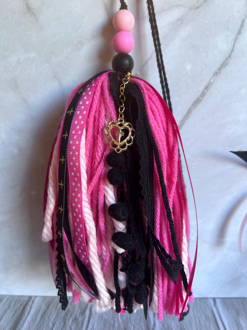 Cross Ribbon Tassel - Pink and Black